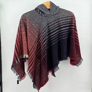 Bijorca Womens Hooded Plaid Poncho Red Navy Blue Boho Fringe Wrap One Size NEW